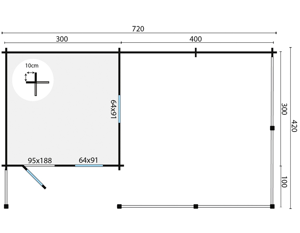 Blokhut - Tuinhuis 40mm Ragna met overkapping Prijs exclusief dakbedekking - dient apart besteld te worden Dakleer: 46,5 m² / Shingles: 39 m² / Aqua: 60 STK / Profiel: zie tab Afmeting: L720xB420xH262cm 