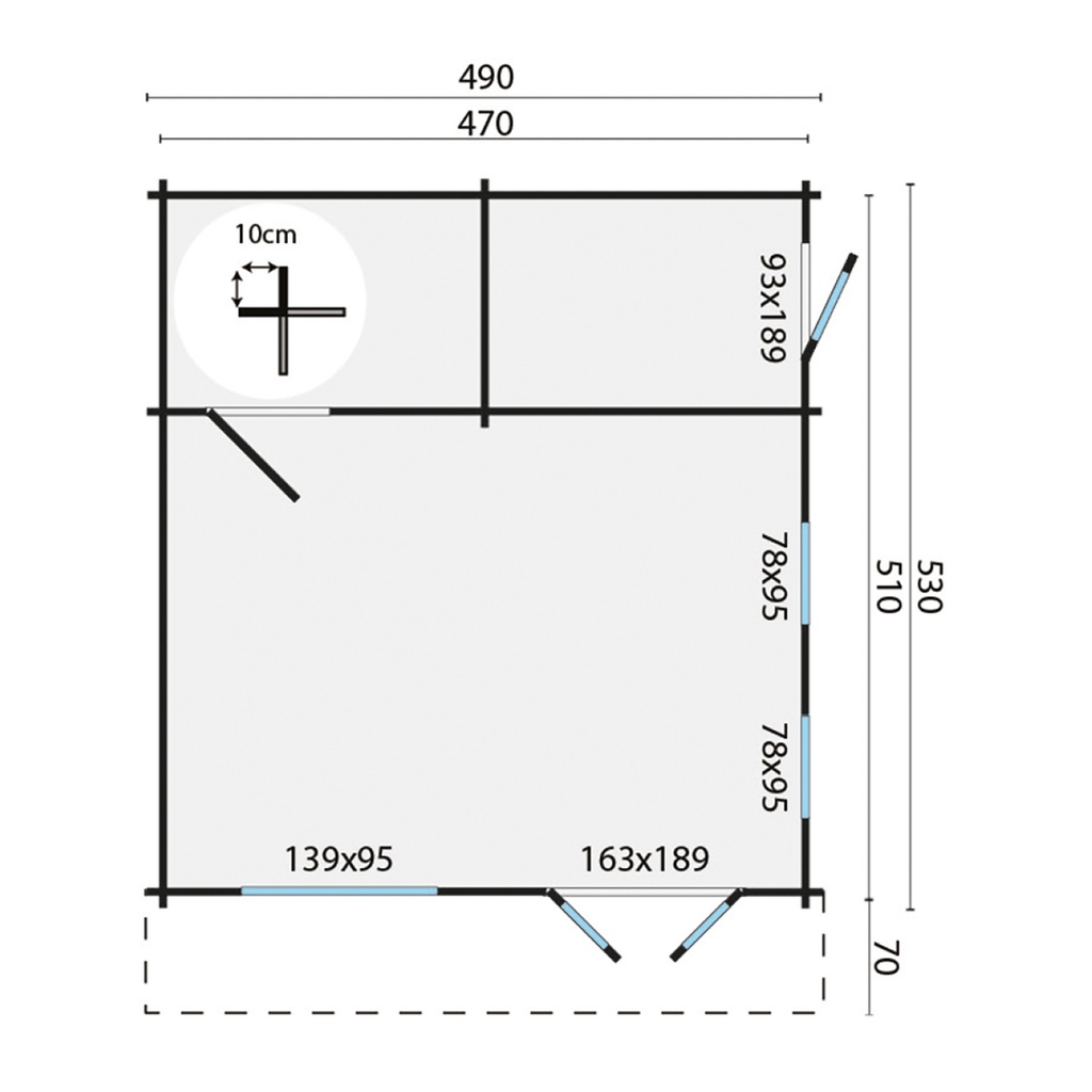 Blokhut - Tuinhuis - Home Office 44mm Berlin incl. fundering en vloer Prijs exclusief dakbedekking - dient apart besteld te worden Dakleer: 46,5 m² / Shingles: 39 m² / Aqua: 48 STK / Profiel: zie tab Afmeting: L490xB530xH344cm 