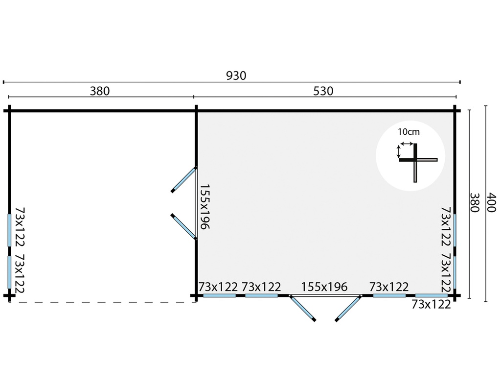 Blokhut - Tuinhuis - Home Office 70mm Big Ben met overkapping Prijs exclusief dakbedekking, ramen en deuren  Shingles: 57 m² Afmeting: L930xB400xH351cm Ramen en deuren naar keuze bij te bestellen