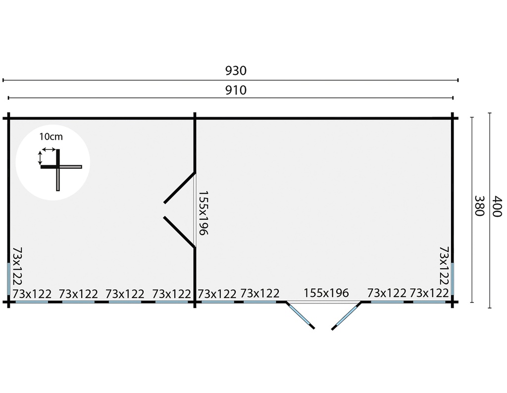 Blokhut - Tuinhuis - Home Office 70mm Big Lauren incl. 27mm vloer/dak Prijs exclusief dakbedekking, ramen en deuren Shingles: 54 m² Afmeting: L930xB400xH351cm Ramen en deuren naar keuze bij te bestellen