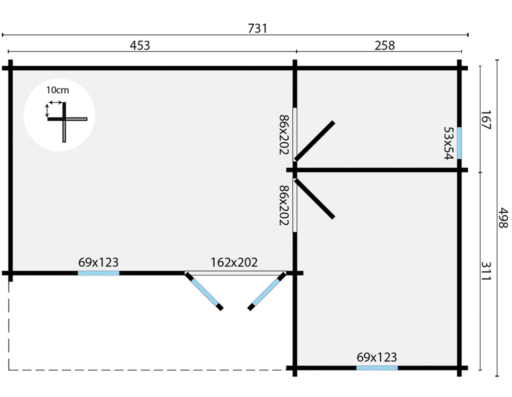 Blokhut - Tuinhuis - Home Office 70mm Ollie incl. 27mm vloer/dak Prijs exclusief dakbedekking, ramen en deuren Dakleer: 56,5 m² / Shingles: 48 m² / Aqua: 56 STK / Profiel: zie tab Afmeting: L727xB494xH283cm Ramen en deuren naar keuze bij te bestellen