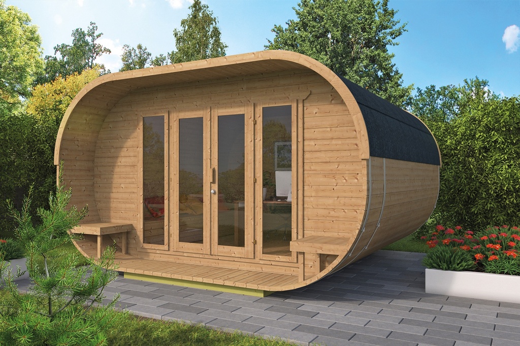 Camping Oval / Home office Thermowood 405x400cm Incl. dubbel glas + shingels Houtdikte: 42mm Afmeting: L400xB400xH245cm 