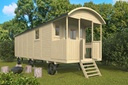 Zigeunerwagen XL 840cm incl. veranda Jimmy met vooringang excl. Onderstel Prijs exclusief dakbedekking - dient apart besteld te worden Dakleer: 50 m² Afmeting: L720+120xB240xH325cm (hoogte incl. wielen) dubbel glas