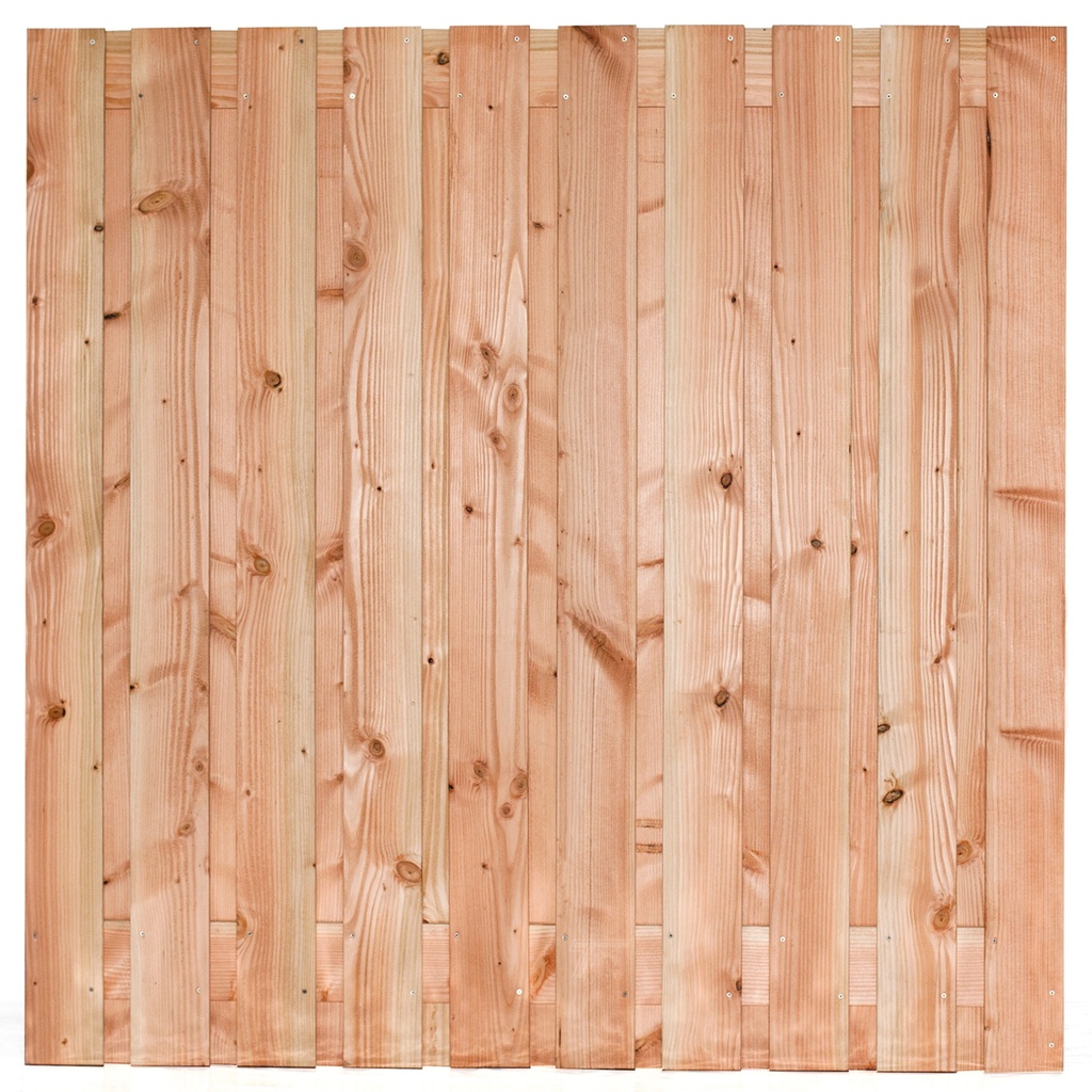 Tuinscherm lariks 21 planks (19+2) Zwarte Woud 180x180cm Planken: 1.6x14.0cm / 19 stuks 2 tussenplanken van 1.6x14.0cm, rvs geschroefd  