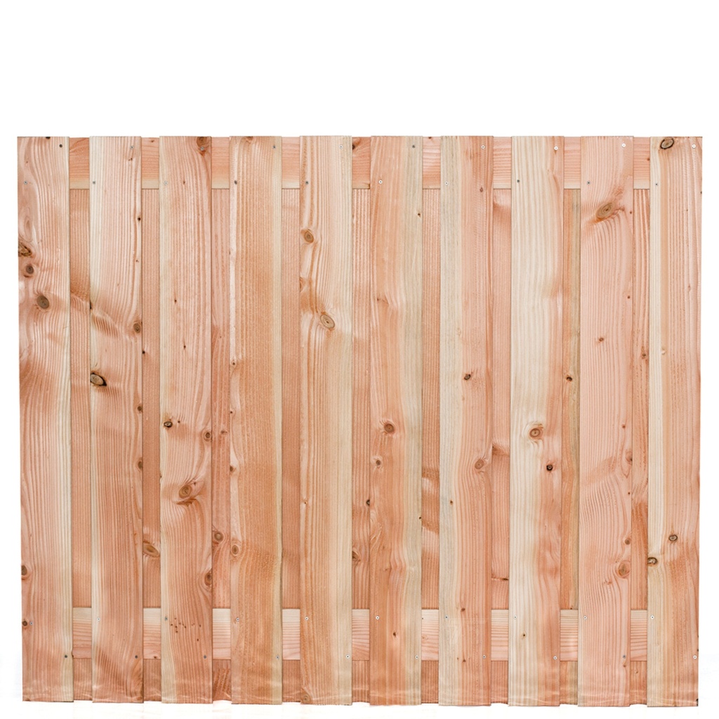 Tuinscherm lariks 21 planks (19+2) Zwarte Woud 130x180cm Planken: 1.6x14.0cm / 19 stuks 2 tussenplanken van 1.6x14.0cm, rvs geschroefd  