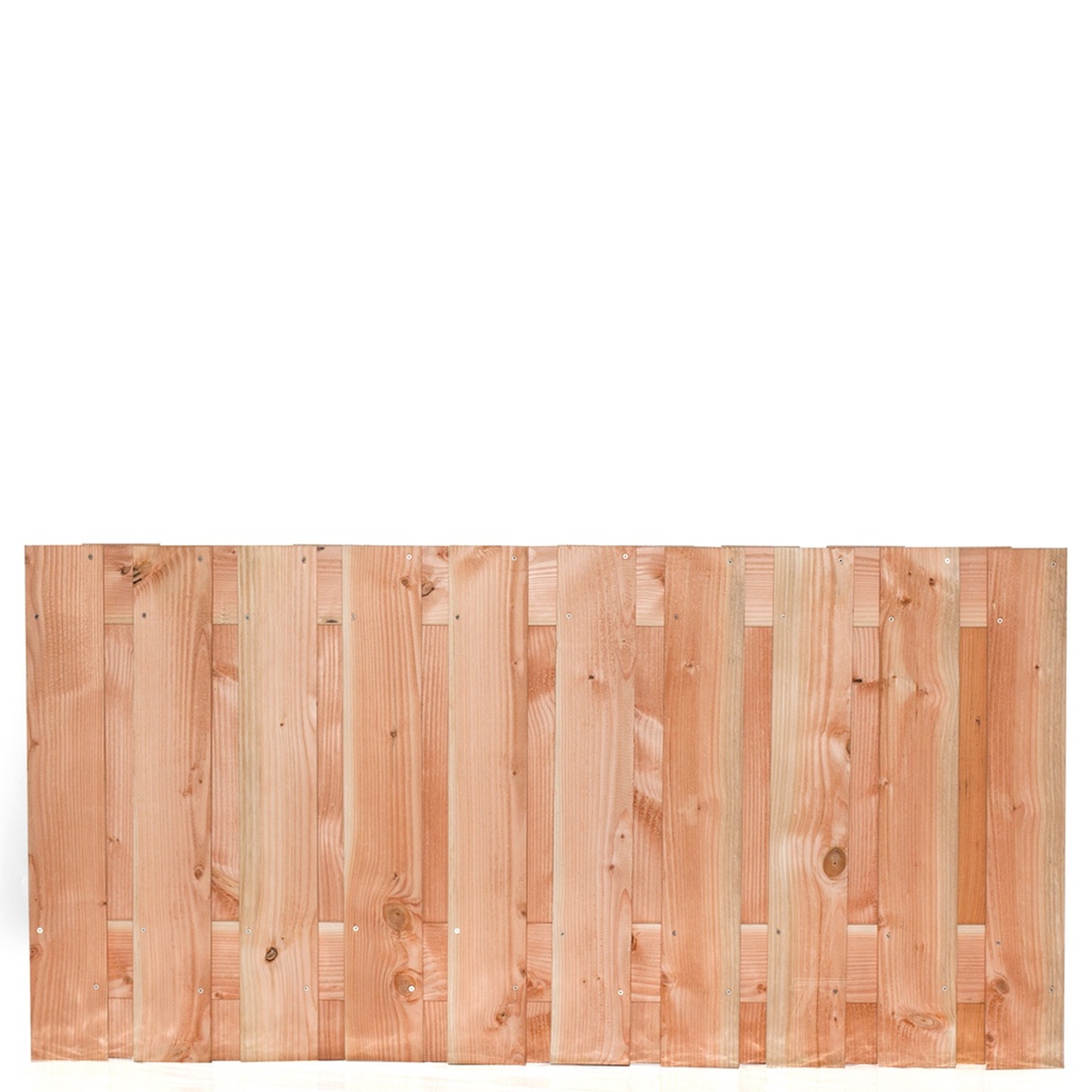 Tuinscherm lariks 21 planks (19+2) Zwarte Woud 90x180cm Planken: 1.6x14.0cm / 19 stuks 2 tussenplanken van 1.6x14.0cm, rvs geschroefd  
