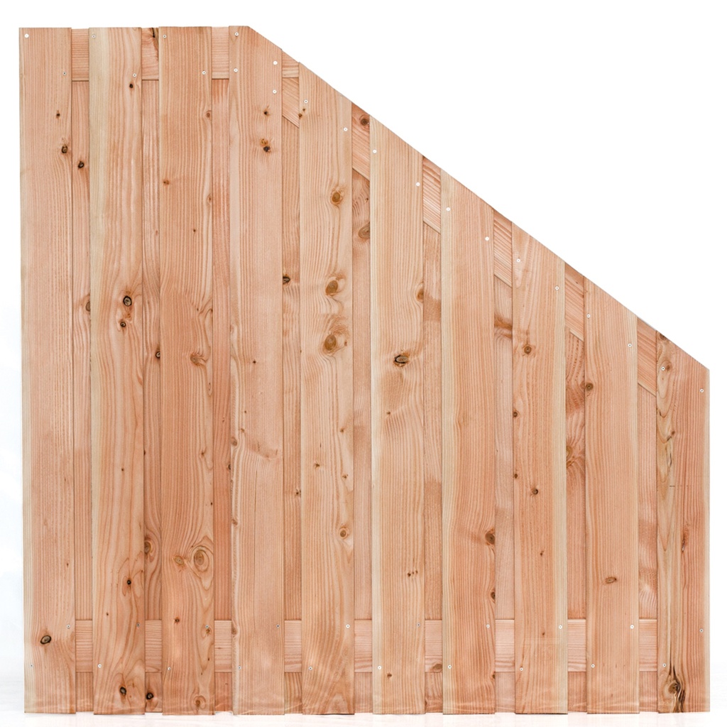 Tuinscherm lariks 21 planks (19+2) Zwarte Woud 180/90x180cm VERLOOP Planken: 1.6x14.0cm / 19 stuks 2 tussenplanken van 1.6x14.0cm, rvs geschroefd  