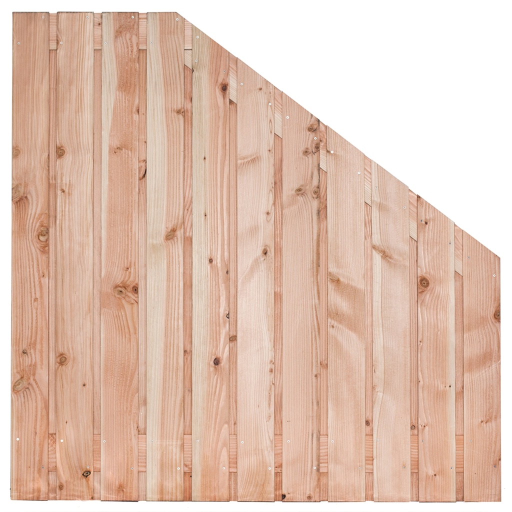 Tuinscherm lariks 23 planks (21+2) Harz 180/90x180cm VERLOOP Planken: 1.6x14.0cm / 21 stuks 2 tussenplanken van 1.6x14.0cm, rvs geschroefd  