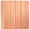 Tuinscherm lariks 11 planks Saksen 180x180cm geschaafd Planken: 1.8x19.0cm / 11 stuks Boven- en onderlat: 2.8x3.6cm, rvs geschroefd  