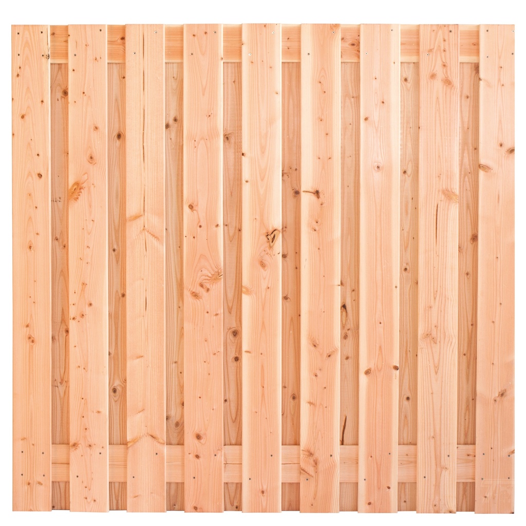 Tuinscherm lariks 19 planks (17+2) Innsbruck 180x180cm fijnbezaagd Planken: 1.6x14.0cm / 17 stuks 2 tussenplanken van 1.6x14.0cm, rvs geschroefd  