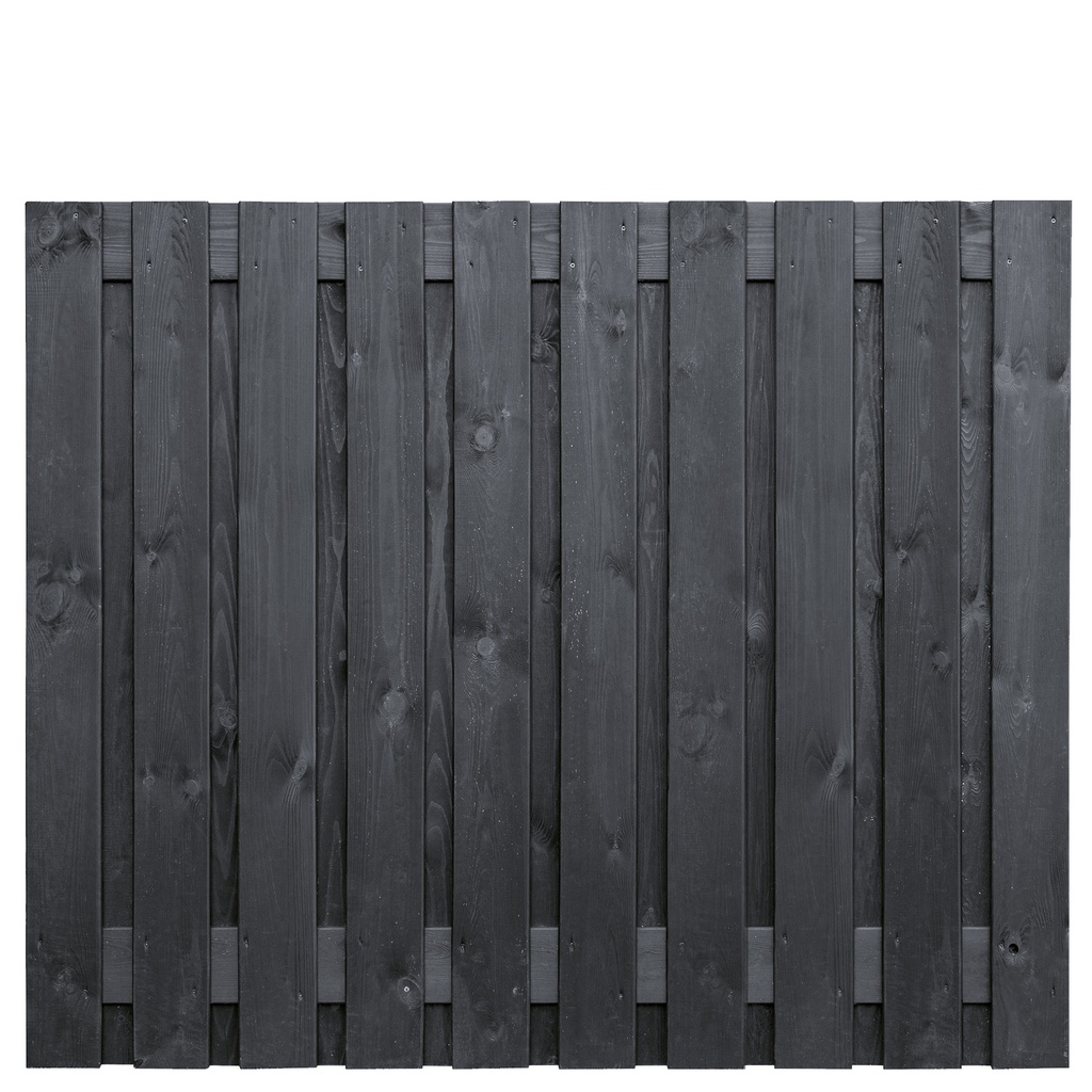 Tuinscherm zwart gesp. 21 planks (19+2) Stuttgart 150x180cm Planken: 1.6x14.0cm / 19 stuks 2 tussenplanken van 1.6x14.0cm, rvs geschroefd  