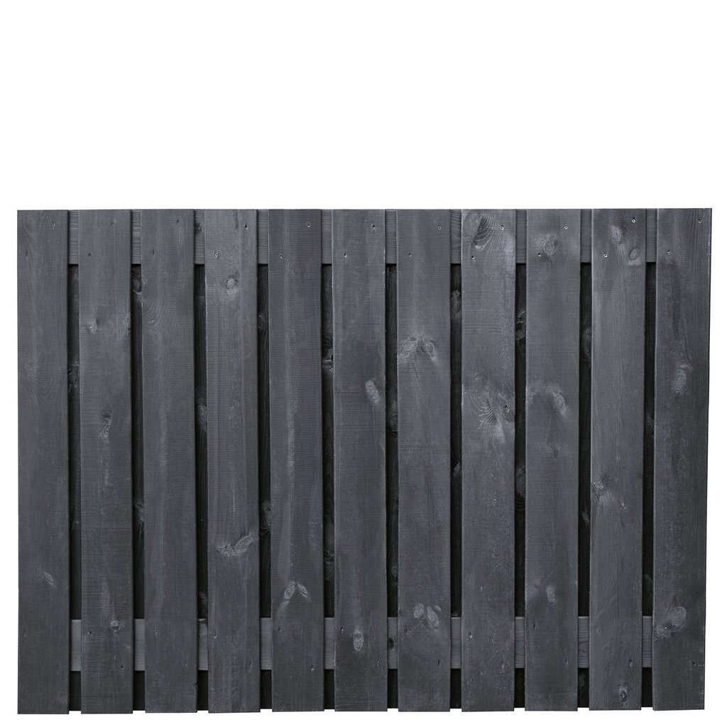 Tuinscherm zwart gesp. 21 planks (19+2) Stuttgart 130x180cm Planken: 1.6x14.0cm / 19 stuks 2 tussenplanken van 1.6x14.0cm, rvs geschroefd  