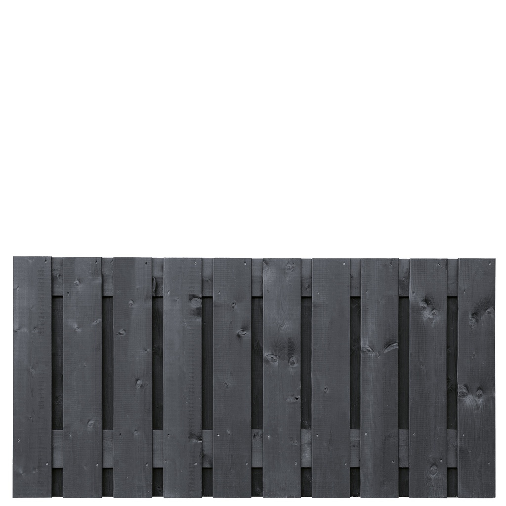 Tuinscherm zwart gesp. 21 planks (19+2) Stuttgart 90x180cm Planken: 1.6x14.0cm / 19 stuks 2 tussenplanken van 1.6x14.0cm, rvs geschroefd  