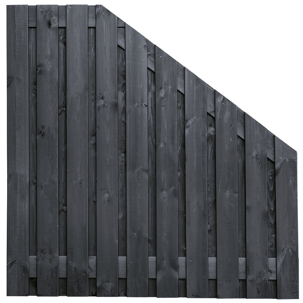 Tuinscherm zwart gesp. 21 planks (19+2) Stuttgart 180/90x180cm VERLOOP Planken: 1.6x14.0cm / 19 stuks 2 tussenplanken van 1.6x14.0cm, rvs geschroefd  