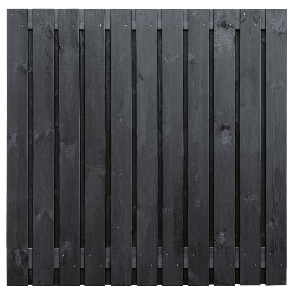 Tuinscherm zwart gesp. 23 planks (21+2) Dresden 180x180cm Planken: 1.6x14.0cm / 21 stuks 2 tussenplanken van 1.6x14.0cm, rvs geschroefd  