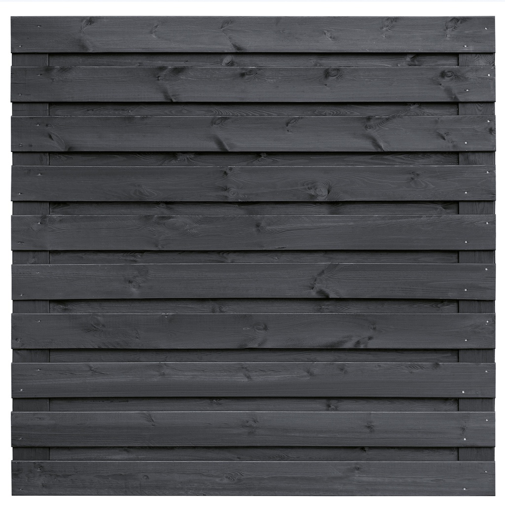 Tuinscherm zwart gesp. 21 planks (19+2) Kassel H180xB180cm horizontaal Planken: 1.6x14.0cm / 19 stuks 2 tussenplanken van 1.6x14.0cm, rvs geschroefd  