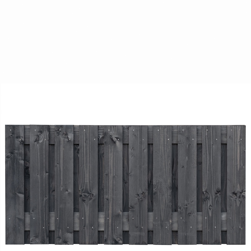 Tuinscherm lariks 21 planks (19+2) Marlies 90x180cm zwart geïmpregneerd Planken: 1.6x14.0cm / 19 stuks fijnbezaagd 2 tussenplanken van 1.6x14.0cm, rvs geschroefd  