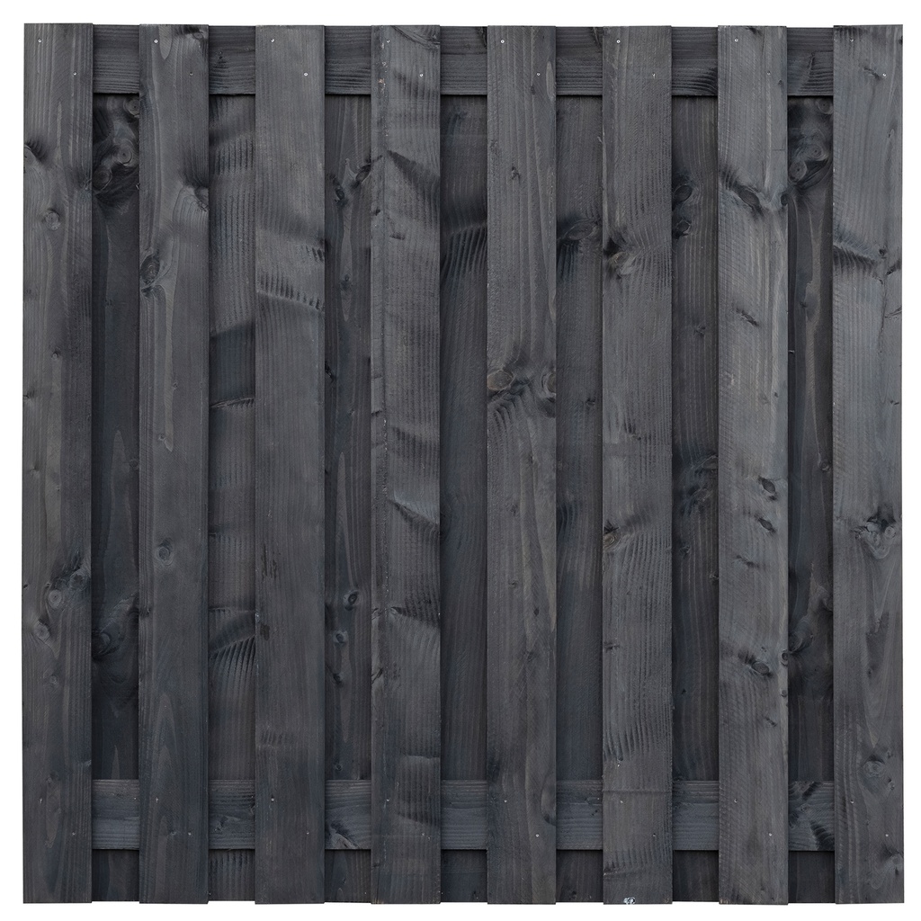 Tuinscherm lariks 17 planks (15+2) Sabien 180x180cm zwart geïmpregneerd Planken: 1.6x14.0cm / 15 stuks fijnbezaagd 2 tussenplanken van 1.6x14.0cm, rvs geschroefd  