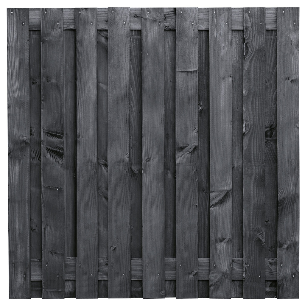 Tuinscherm lariks 19 planks (17+2) Karin 180x180cm zwart geïmpregneerd Planken: 1.6x14.0cm / 17 stuks fijnbezaagd 2 tussenplanken van 1.6x14.0cm, rvs geschroefd  