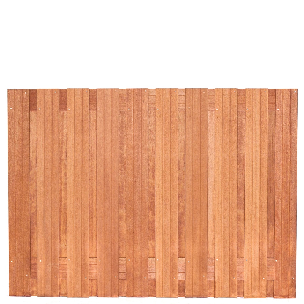Tuinscherm hardhout 21 planks (19+2) Dronten 180 x 130 Planken: 1.4x14.0cm / 19 stuks 2 tussenregels van 1.4x14.0cm, rvs geschroefd houtsoort: Keruing 