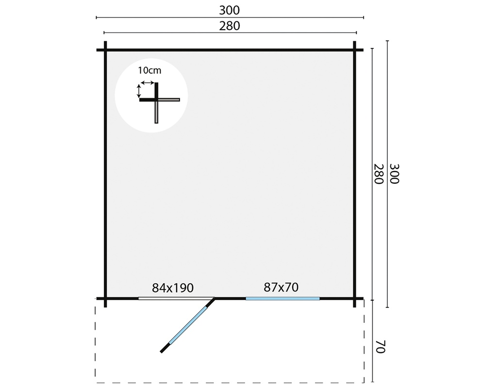 Blokhut - Tuinhuis 28mm Bo Prijs exclusief dakbedekking - dient apart besteld te worden Dakleer: 20 m² / Shingles: 18 m² / Aqua: 20 STK / Profiel: zie tab Afmeting: L300xB300xH247cm 