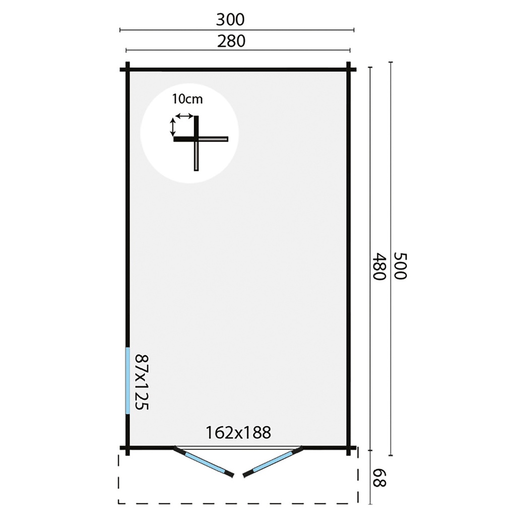 Blokhut - Tuinhuis 40mm Julia Prijs exclusief dakbedekking - dient apart besteld te worden Dakleer: 30 m² / Shingles: 24 m² / Aqua: 32 STK / Profiel: zie tab Afmeting: L300xB500xH236cm 