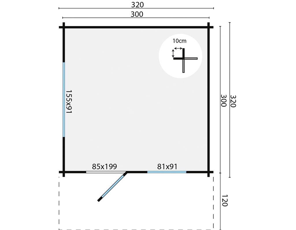 Blokhut - Tuinhuis 40mm Riho Prijs exclusief dakbedekking - dient apart besteld te worden Dakleer: 20 m² / Shingles: 18 m² / Aqua: 24 STK / Profiel: zie tab Afmeting: L320xB320xH245cm 