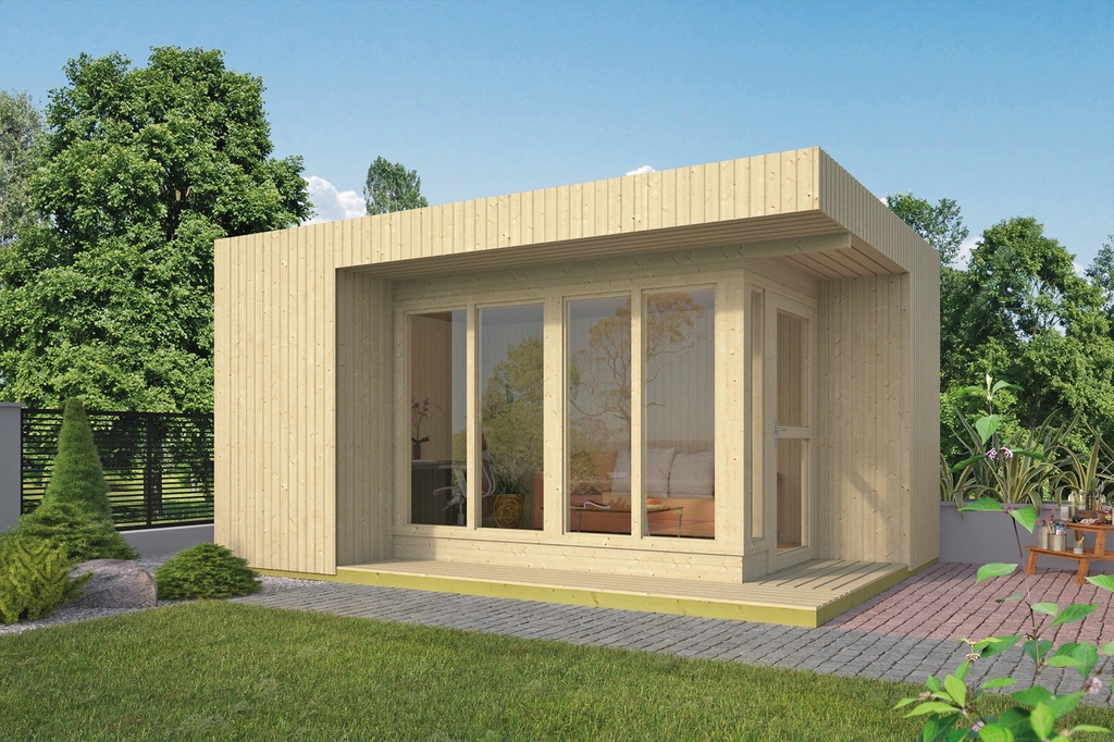 Tuinhuis - Home Office 19mm Elin dubbelwandig incl. vloer Prijs exclusief dakbedekking - dient apart besteld te worden Easy-roofing: 25 m² / EPDM: 40.9991/09 Afmeting: L477xB351xH265cm 