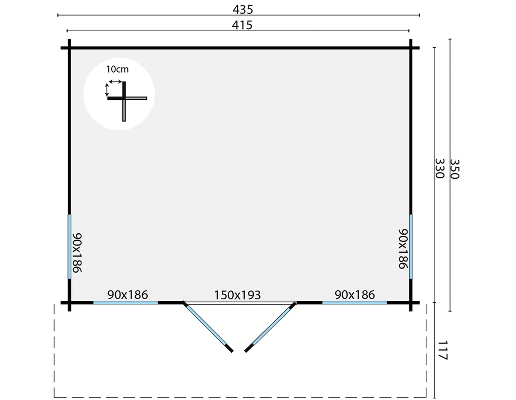 Blokhut - Tuinhuis - Home Office 44mm Lory Prijs exclusief dakbedekking - dient apart besteld te worden Easy-roofing: 30 m² / EPDM: Set 40.9991/11 Afmeting: L435xB350xH230cm Gehard ISO glas