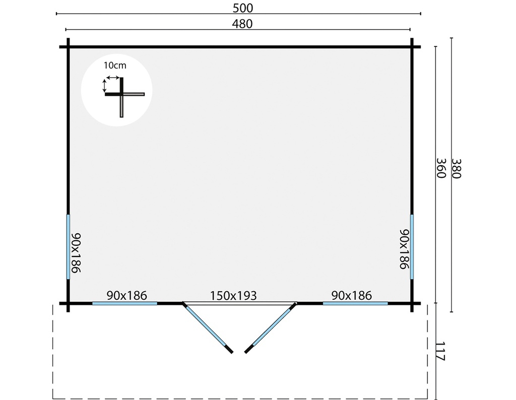Blokhut - Tuinhuis - Home Office 44mm Yorick Prijs exclusief dakbedekking - dient apart besteld te worden Easy-roofing: 35 m² / EPDM: Set 40.9991/20 Afmeting: L500xB380xH230cm Gehard ISO glas