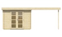 Blokhut - Tuinhuis 28mm Dellinger met overkapping Prijs exclusief dakbedekking - dient apart besteld te worden Dakleer: 26 m² / Easy-roofing: 30 m² / EPDM: Set 40.9991/12 Afmeting: L300xB300xH225cm 