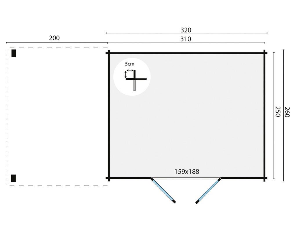 Blokhut - Tuinhuis 28mm Extramodern met overkapping Prijs exclusief dakbedekking - dient apart besteld te worden Dakleer: 40 m² / Easy-roofing: 25 m² / EPDM: Set 40.9991/09 Afmeting: L260xB320xH230cm 