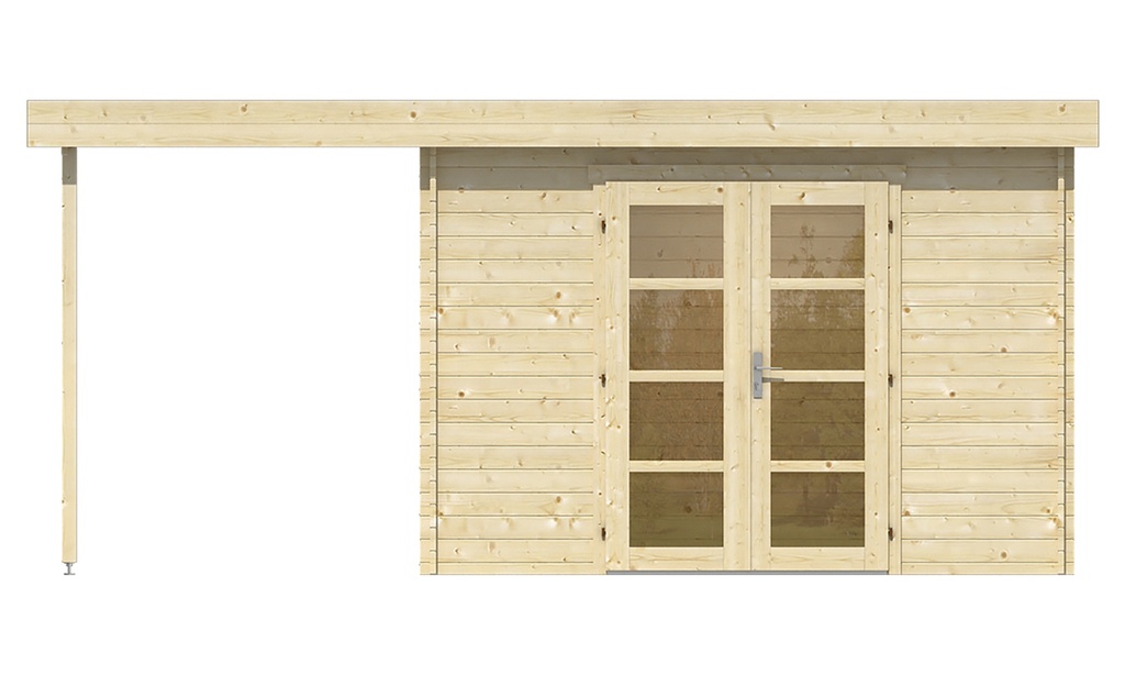 Blokhut - Tuinhuis 28mm Extramodern met overkapping Prijs exclusief dakbedekking - dient apart besteld te worden Dakleer: 40 m² / Easy-roofing: 25 m² / EPDM: Set 40.9991/09 Afmeting: L260xB320xH230cm 