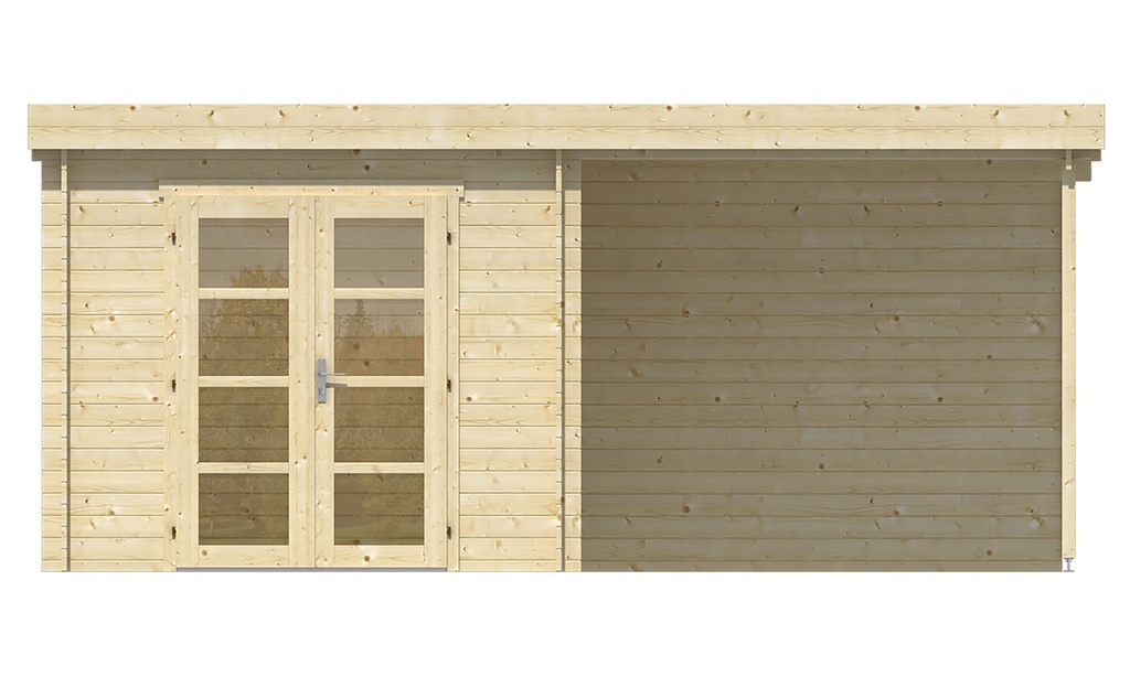 Blokhut - Tuinhuis 28mm Brenda met overkapping Prijs exclusief dakbedekking - dient apart besteld te worden Dakleer: 20 m² / Easy-roofing: 25 m² / EPDM: Set 40.9991/10 Afmeting: L275xB525xH234cm 
