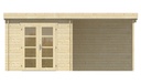 Blokhut - Tuinhuis 28mm Brenda met overkapping Prijs exclusief dakbedekking - dient apart besteld te worden Dakleer: 20 m² / Easy-roofing: 25 m² / EPDM: Set 40.9991/10 Afmeting: L275xB525xH234cm 