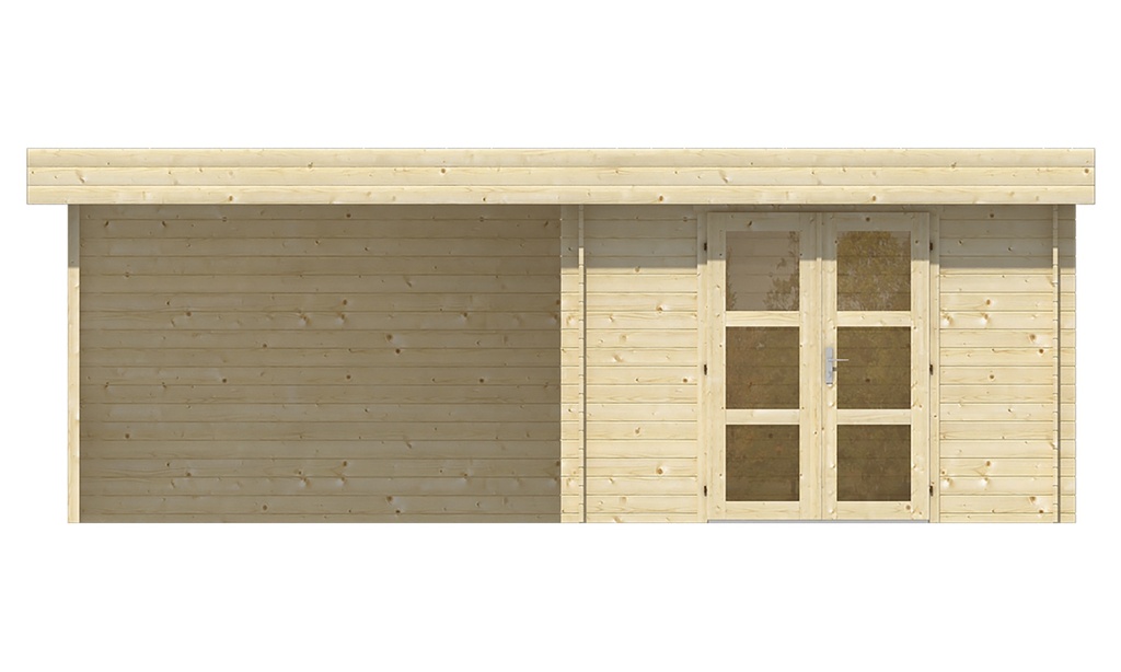 Blokhut - Tuinhuis 28mm Maja met overkapping Prijs exclusief dakbedekking - dient apart besteld te worden Dakleer: 40 m² / Easy-roofing: 30 m² / EPDM: Set 40.9991/14 Afmeting: L240xB640xH228cm 