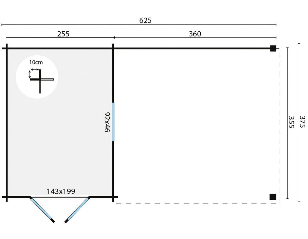 Blokhut - Tuinhuis 28mm Diederick met overkapping Prijs exclusief dakbedekking - dient apart besteld te worden Dakleer: 30 m² / Easy-roofing: 5 m² / EPDM: Set 40.9991/18 Afmeting: L375xB625xH234cm 