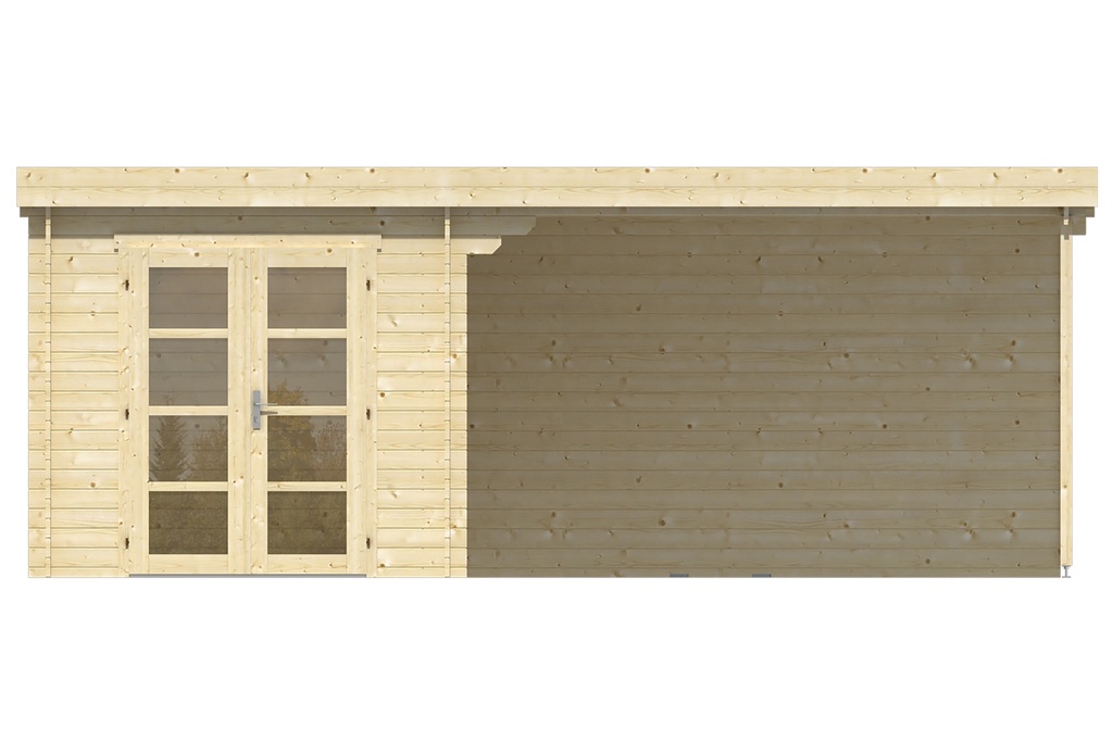 Blokhut - Tuinhuis 28mm Diederick met overkapping Prijs exclusief dakbedekking - dient apart besteld te worden Dakleer: 30 m² / Easy-roofing: 5 m² / EPDM: Set 40.9991/18 Afmeting: L375xB625xH234cm 