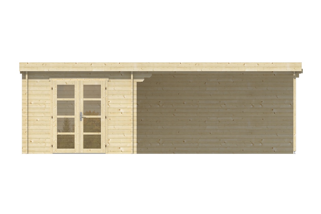 Blokhut - Tuinhuis - Home Office 44mm Gunnar met overkapping Prijs exclusief dakbedekking - dient apart besteld te worden Easy-roofing: 40 m² / EPDM: Set 40.9991/19 Afmeting: L400xB725xH236cm 