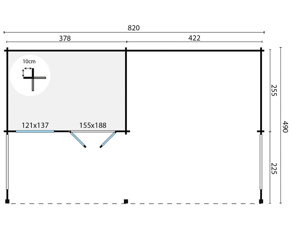 Blokhut - Tuinhuis 40mm Lilou met overkapping Prijs exclusief dakbedekking - dient apart besteld te worden Easy-roofing: 55 m² / EPDM: Set 40.9991/23 Afmeting: L820xB490xH228cm 