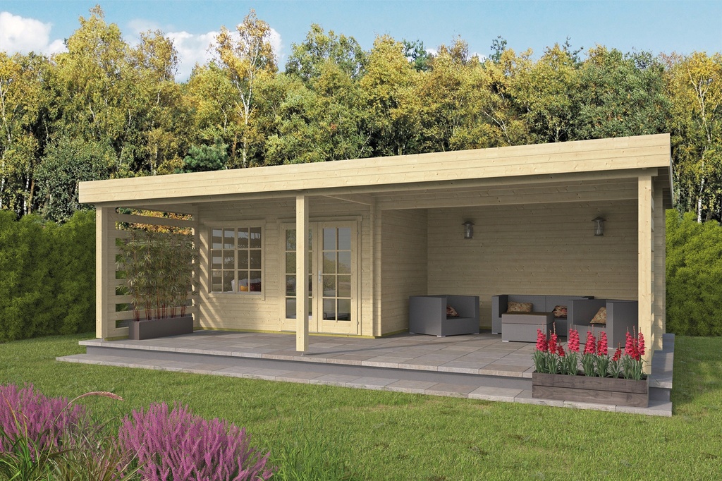 Blokhut - Tuinhuis 40mm Lilou met overkapping Prijs exclusief dakbedekking - dient apart besteld te worden Easy-roofing: 55 m² / EPDM: Set 40.9991/23 Afmeting: L820xB490xH228cm 