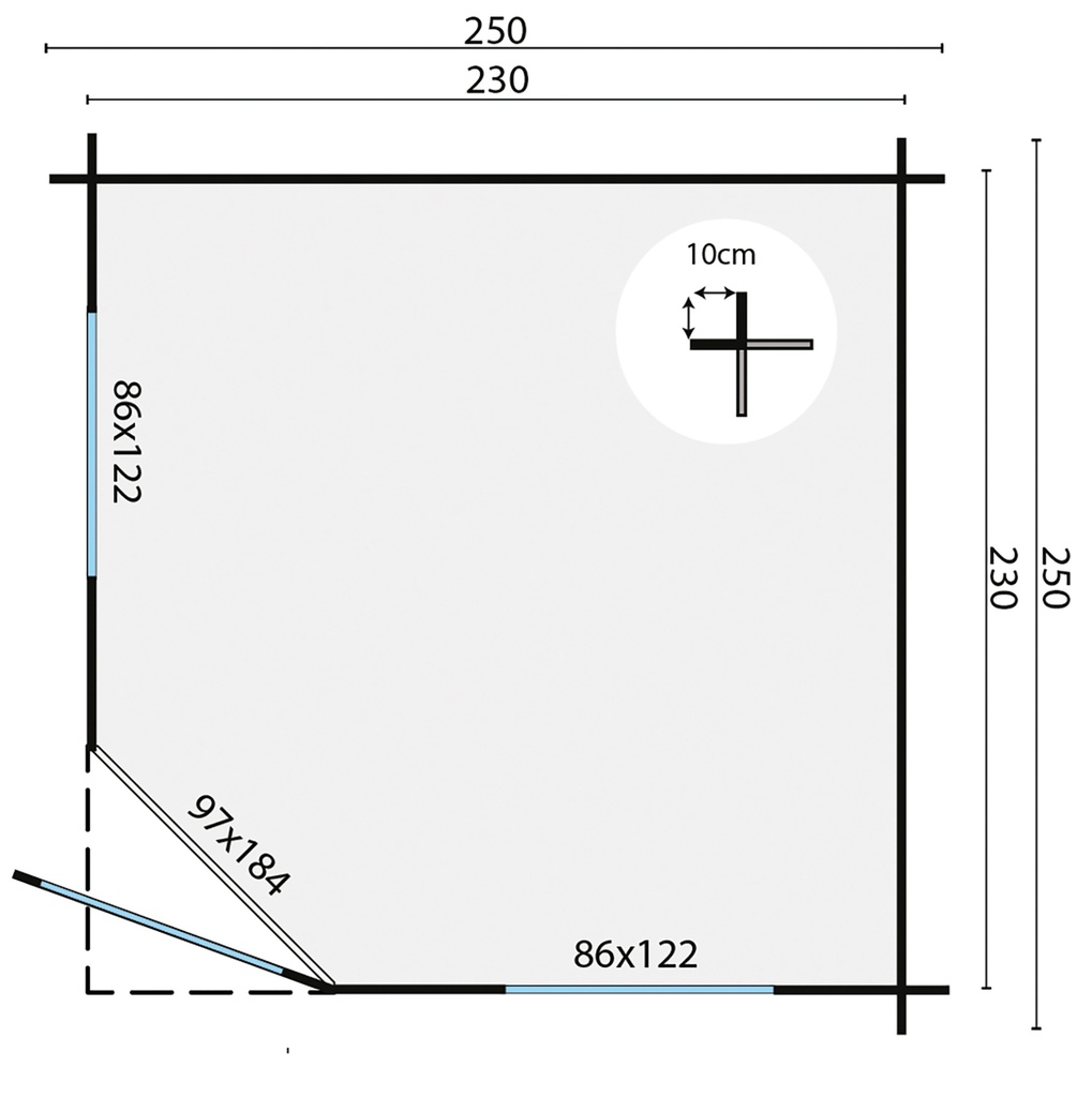 Blokhut - Tuinhuis 28mm Jos Prijs exclusief dakbedekking - dient apart besteld te worden Dakleer: 20 m² / Shingles: 15 m² Afmeting: L250xB250xH247cm 