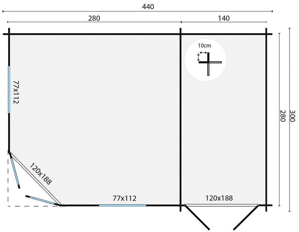 Blokhut - Tuinhuis 28mm Sigrid met aanbouw Prijs exclusief dakbedekking - dient apart besteld te worden Dakleer: 36,5 m² / Shingles: 27 m² Afmeting: L300xB440xH298cm 