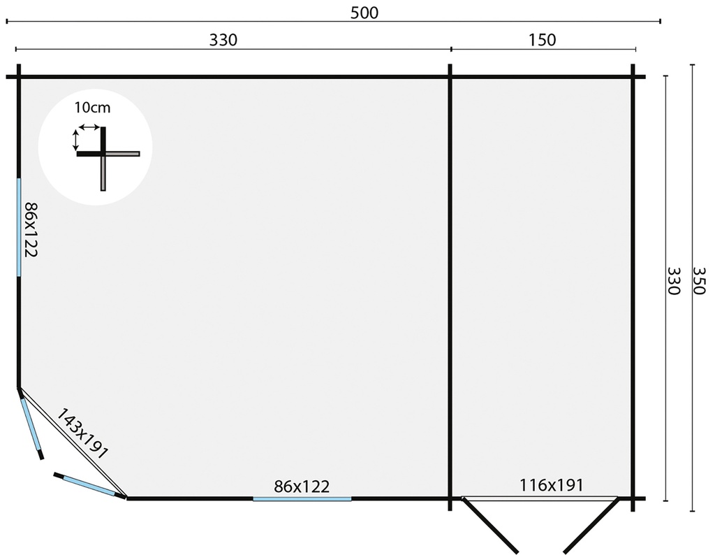 Blokhut - Tuinhuis - Home Office 44mm Helge met aanbouw Prijs exclusief dakbedekking - dient apart besteld te worden Dakleer: 26,5 m² / Easy-roofing: 30 m² / EPDM: Set 40.9991/13 Afmeting: L500xB350xH226cm 