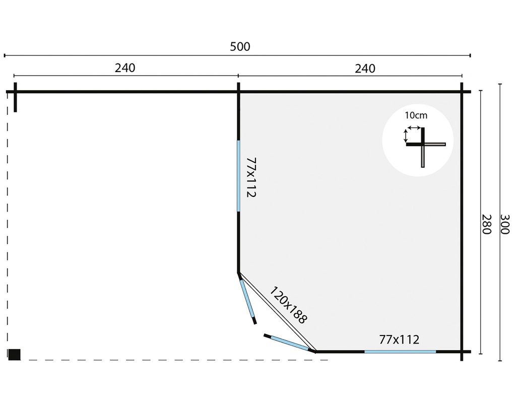 Blokhut - Tuinhuis 28mm Kennet met overkapping Prijs exclusief dakbedekking - dient apart besteld te worden Dakleer: 36,5 m² / Shingles: 27 m² Afmeting: L300xB500xH271cm 