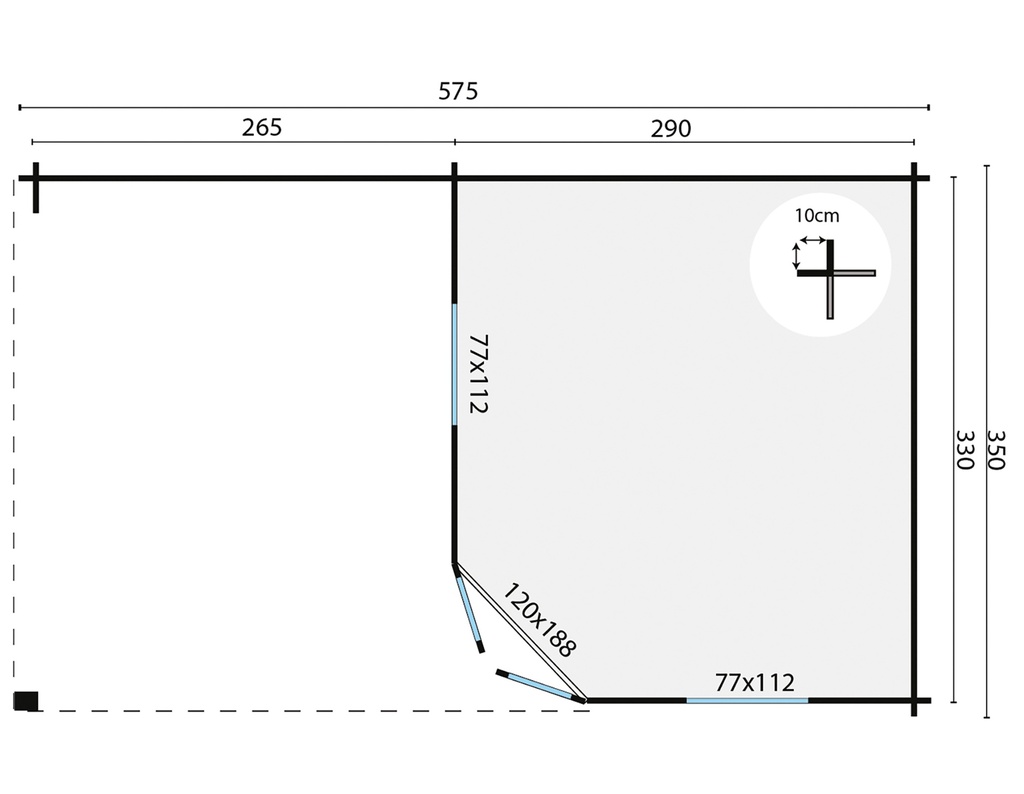 Blokhut - Tuinhuis 28mm Christoffer met overkapping Prijs exclusief dakbedekking - dient apart besteld te worden Dakleer: 40 m² / Shingles: 33 m² Afmeting: L350xB575xH305cm 