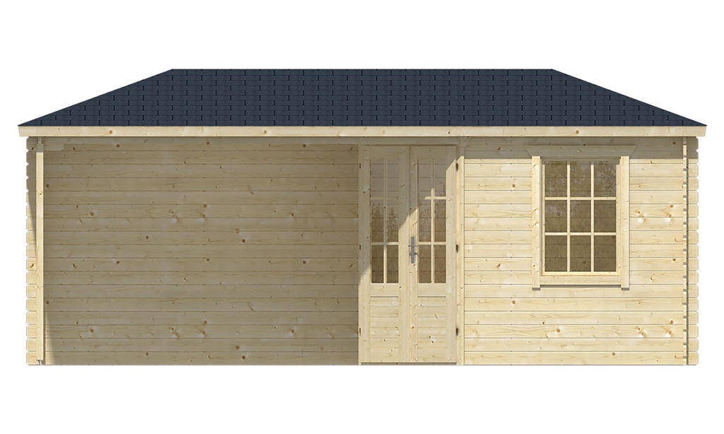 Blokhut - Tuinhuis 28mm Niklas met overkapping Prijs exclusief dakbedekking - dient apart besteld te worden Dakleer: 36,5 m² / Shingles: 27 m²  Afmeting: L250xB575xH259cm 