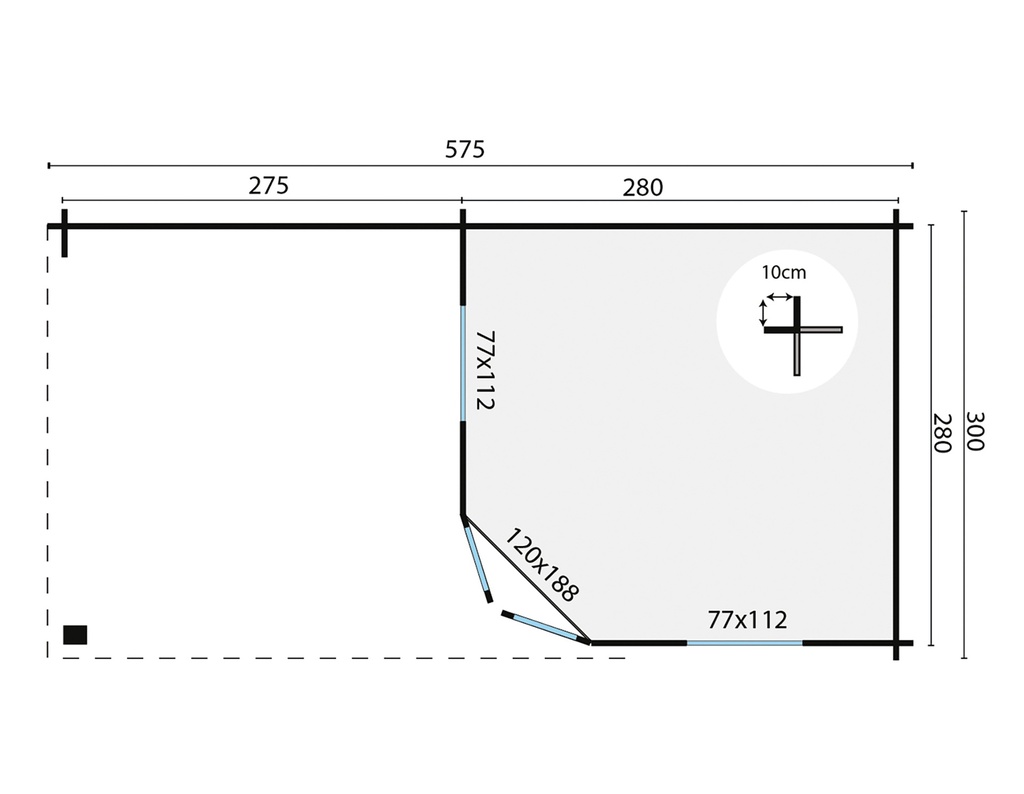 Blokhut - Tuinhuis 28mm Markku met overkapping Prijs exclusief dakbedekking - dient apart besteld te worden Dakleer: 36,5 m² / Shingles: 30 m² Afmeting: L300xB575xH271cm 