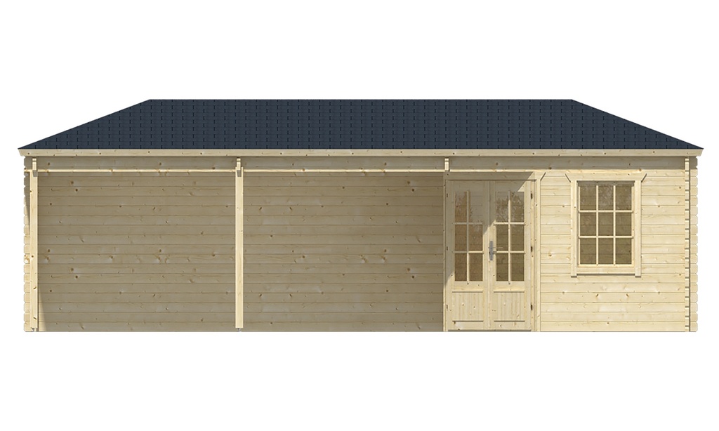 Blokhut - Tuinhuis - Home Office 44mm Bertil met overkapping Prijs exclusief dakbedekking - dient apart besteld te worden Dakleer: 50 m² / Shingles: 42 m² Afmeting: L790xB300xH292cm 