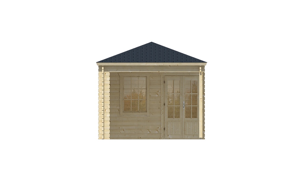 Blokhut - Tuinhuis - Home Office 44mm Bertil met overkapping Prijs exclusief dakbedekking - dient apart besteld te worden Dakleer: 50 m² / Shingles: 42 m² Afmeting: L790xB300xH292cm 